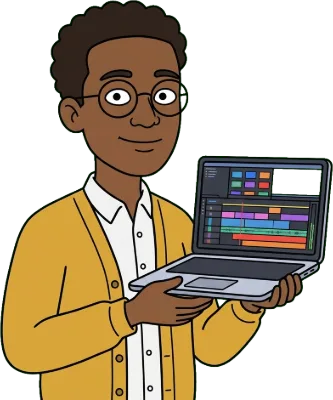 Cartoon YouTube editor Biscuit Ben holding a laptop with a video timeline