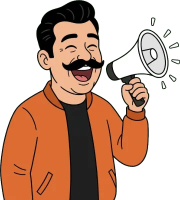 Cartoon ads editor Churro Carlos shouting happily into a megaphone