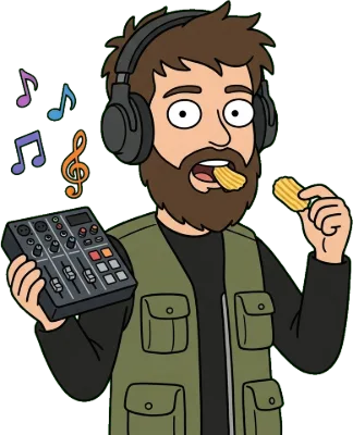Cartoon sound engineer with headphones, a mixer and a potato chip
