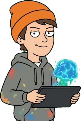 Cartoon motion graphics artist with a tablet and a glowing jelly