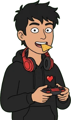 Cartoon gaming editor Nacho Nico holding a game controller with a chip in his mouth