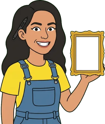 Cartoon thumbnail designer holding a picture frame