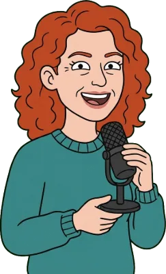 Cartoon podcast editor Waffle Wanda laughing into a microphone
