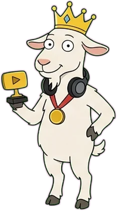 Cartoon goat wearing a crown, headphones and a gold medal, holding a play-button trophy